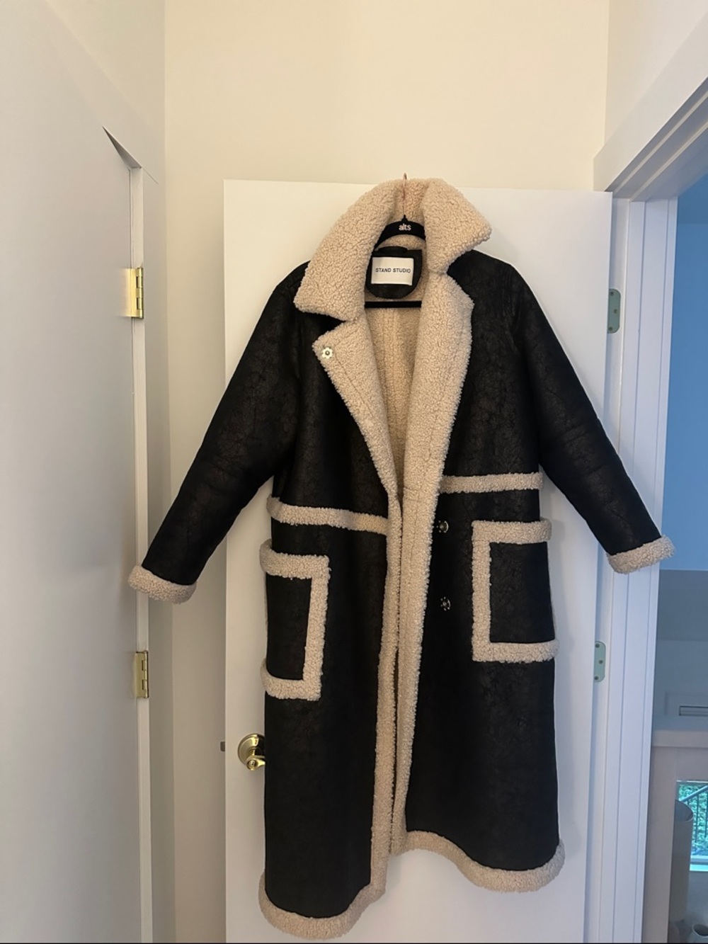Stand Studio Black Teddy Shearling Coat with Cream Trim